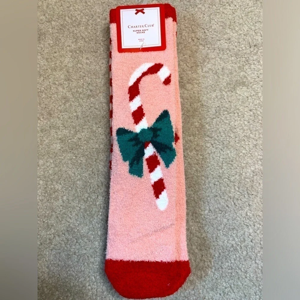 NWT 2 pair Women‎ Charter Club Christmas Soft Socks Candy Cane shoe 6-10